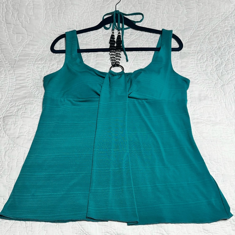 XL, IZ Byer CA, teal summer top O ring beaded detail at neck light bra padding
